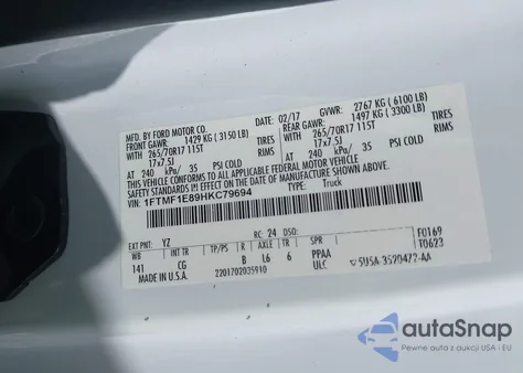 2017 Ford F-150 Xl from USA, damaged, VIN 1FTMF1E89HKC79694